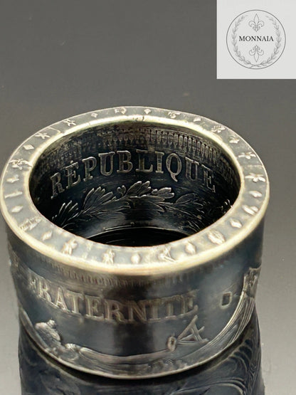 Bague pièce de monnaie 50 francs Hercule en argent massif Monnaia, bijou artisanal unique
