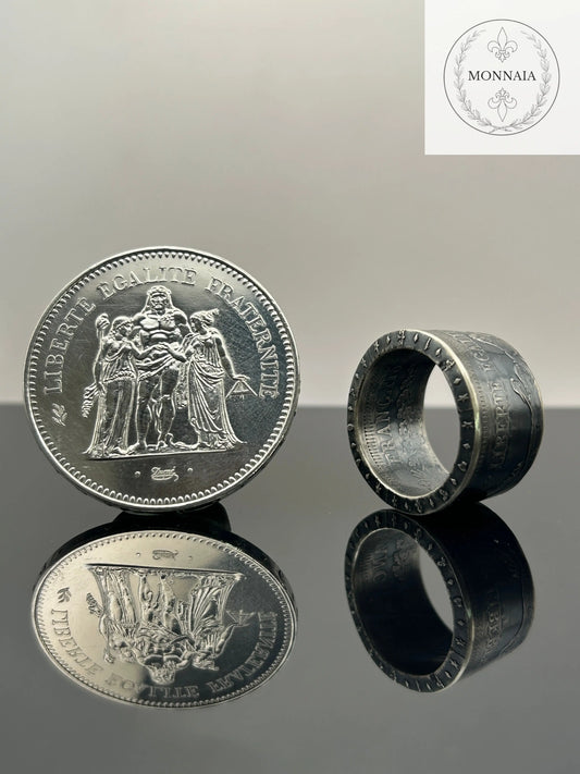 Bague pièce de monnaie 50 francs Hercule en argent massif Monnaia, bijou artisanal unique