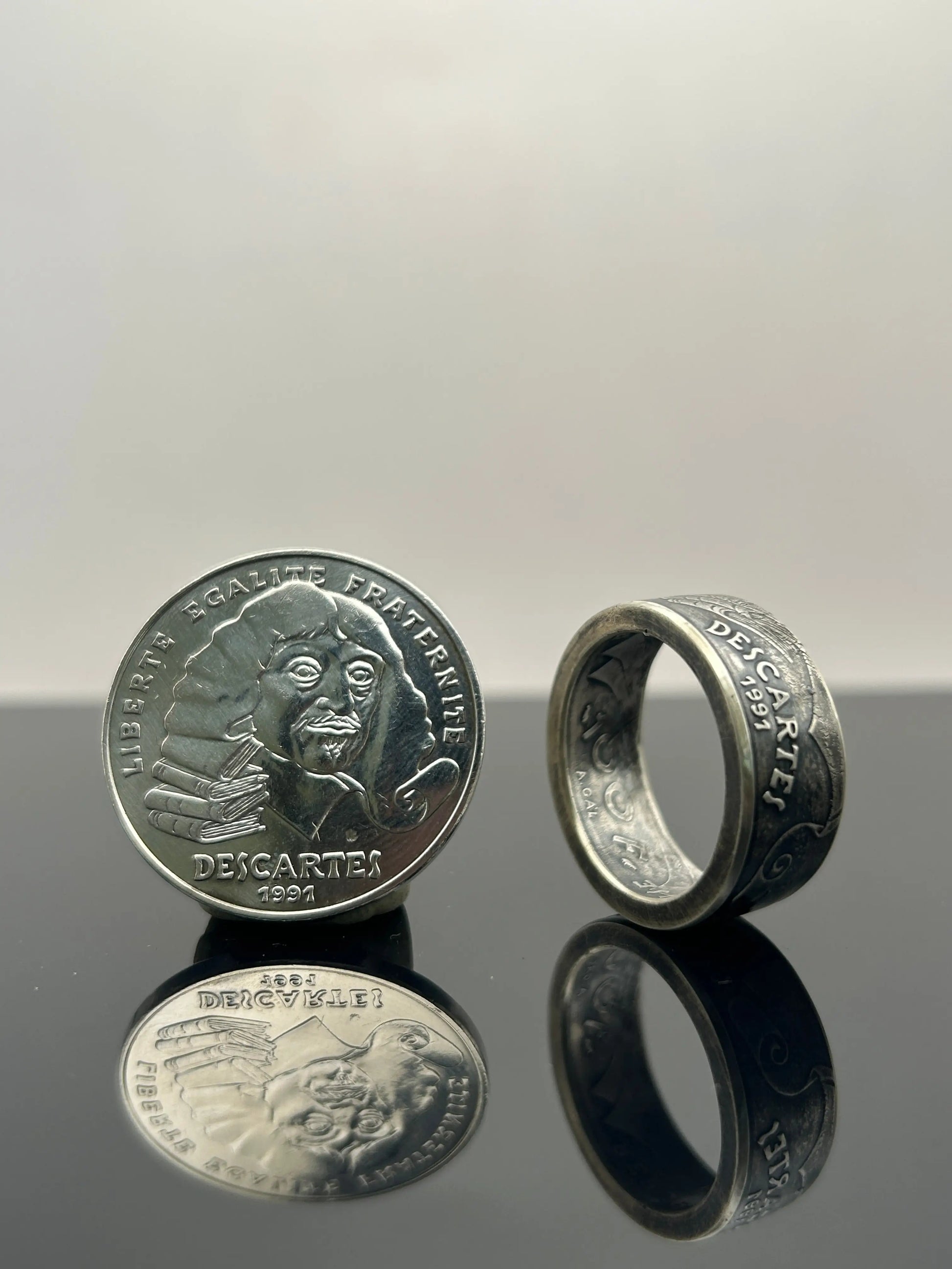 Bague pièce de monnaie DESCARTES en argent massif MONNAIA