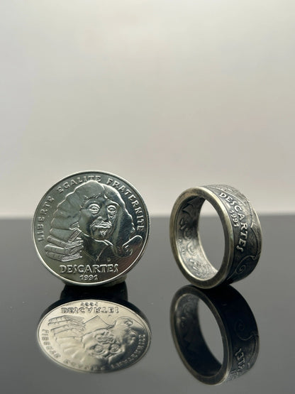 Bague pièce de monnaie DESCARTES en argent massif MONNAIA