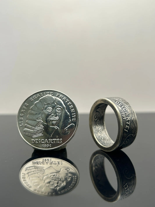Bague pièce de monnaie DESCARTES en argent massif MONNAIA