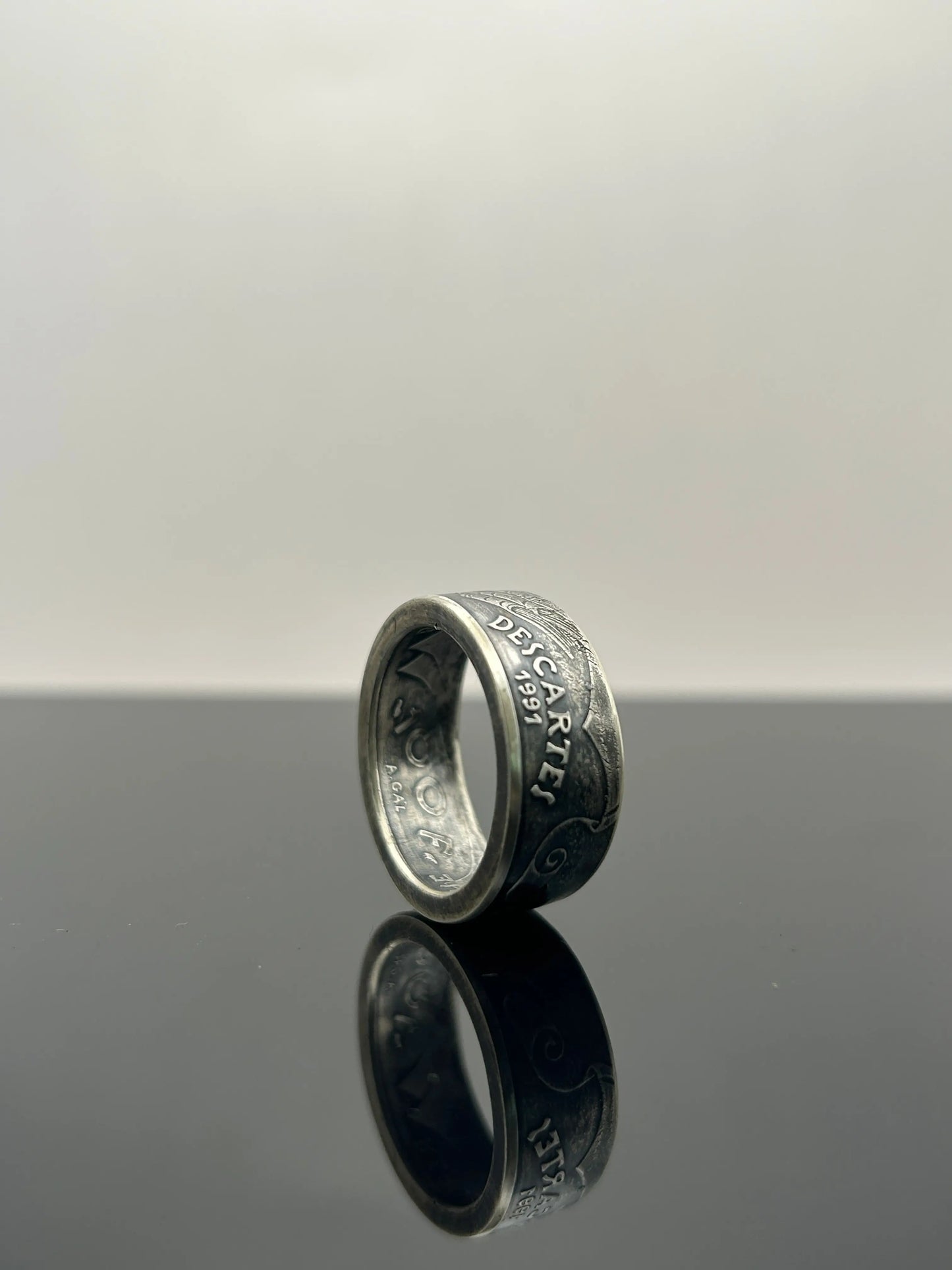 Bague pièce de monnaie DESCARTES en argent massif MONNAIA