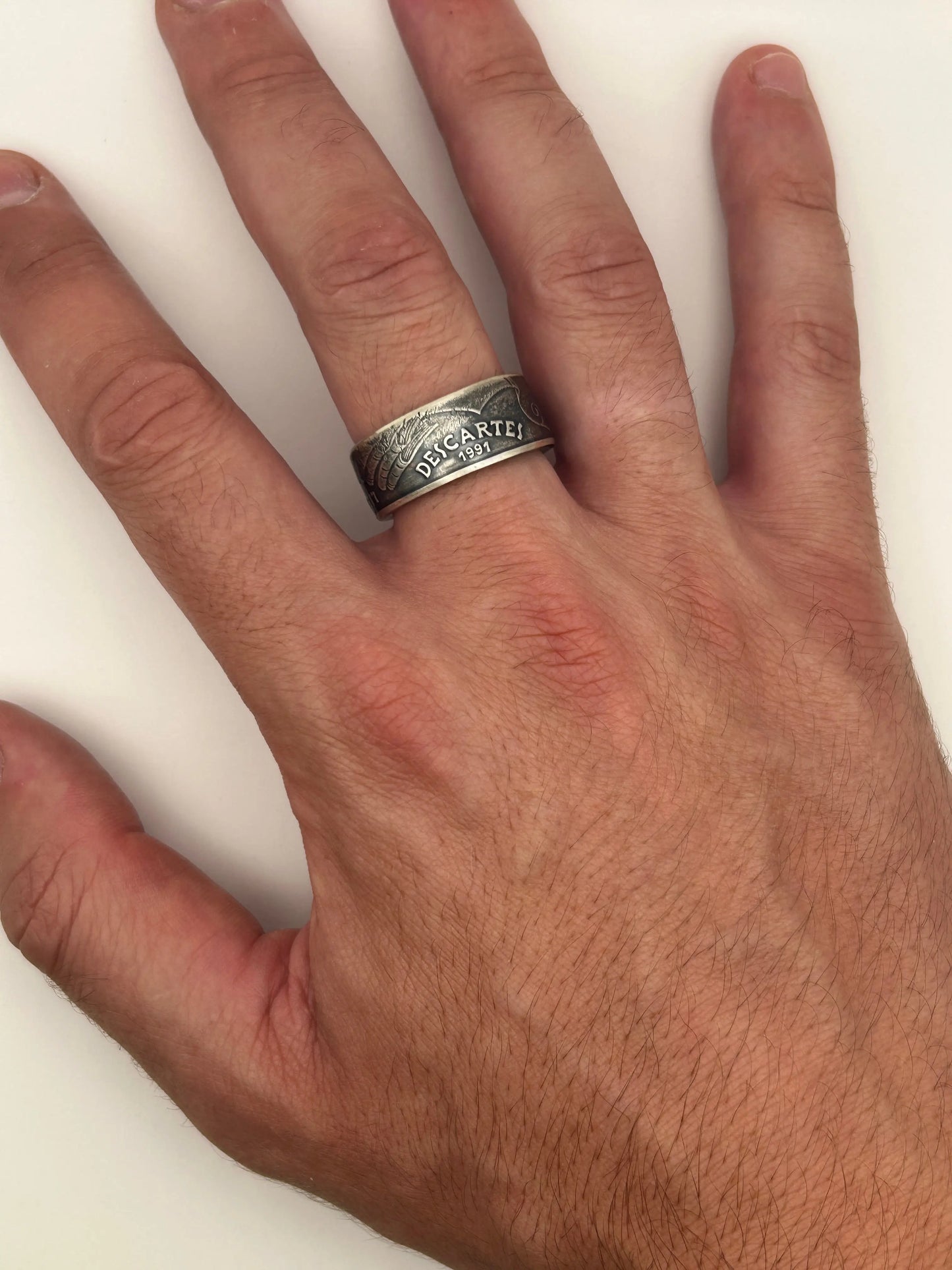 Bague pièce de monnaie DESCARTES en argent massif MONNAIA