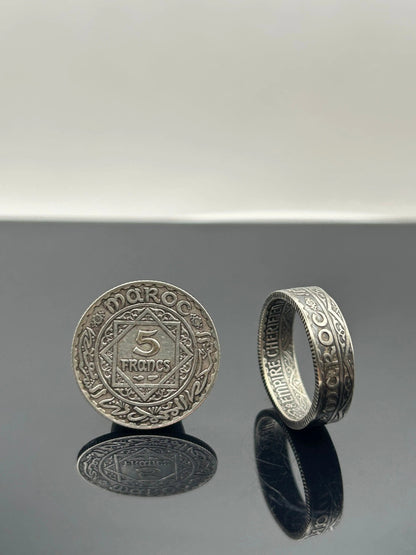Bague pièce de monnaie MOHAMMED V du MAROC (alliage d'argent 680%) MONNAIA