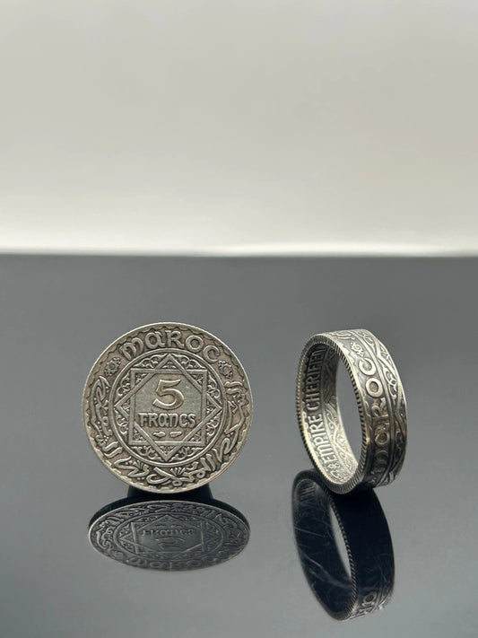 Bague pièce de monnaie MOHAMMED V du MAROC (alliage d'argent 680%) MONNAIA