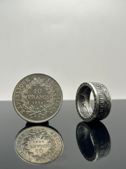 Bague pièce de monnaie 10 Francs République Française en argent massif