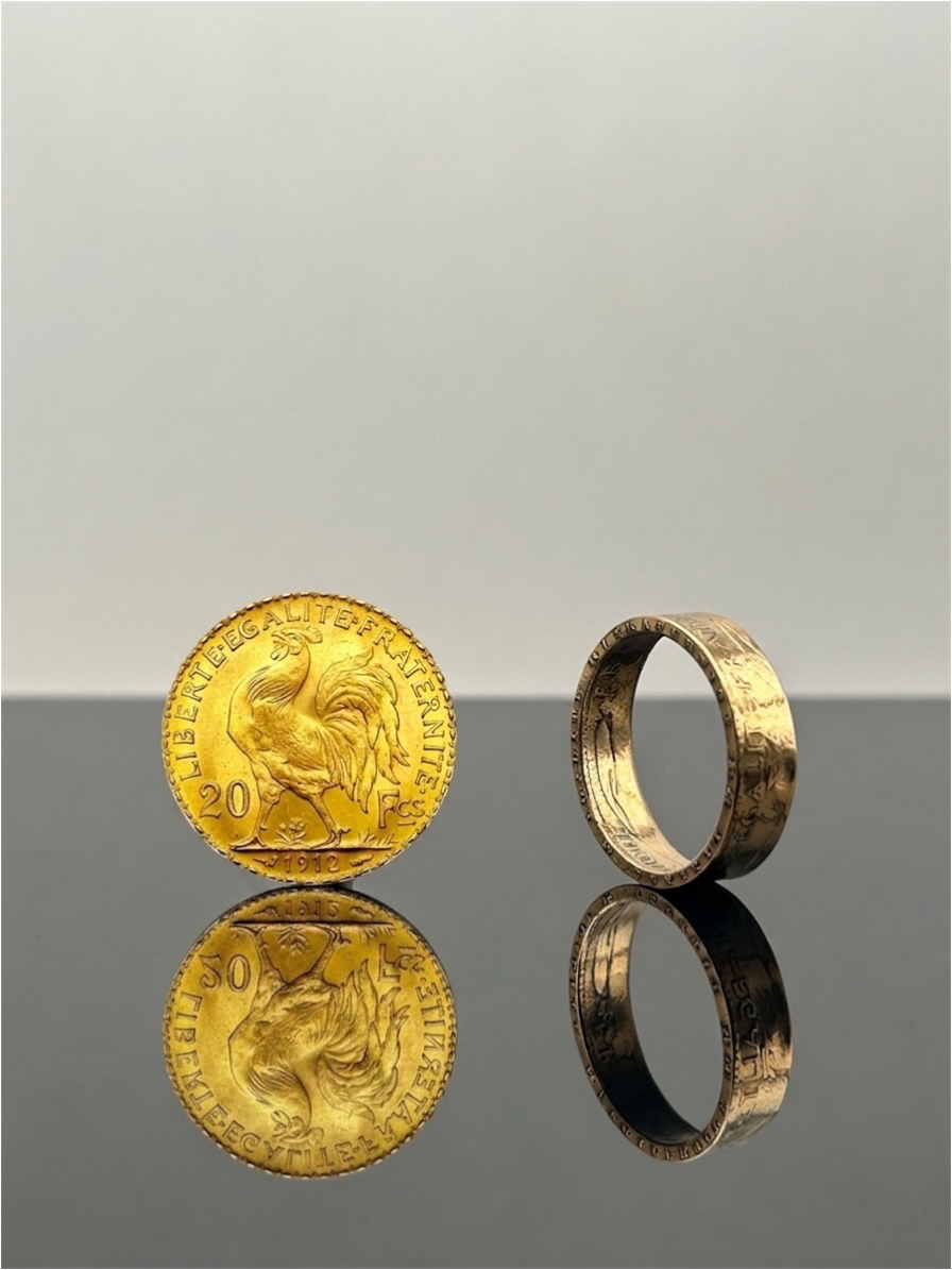 Bague pièce de monnaie 20 francs Coq Dieu protège la France en or massif MONNAIA