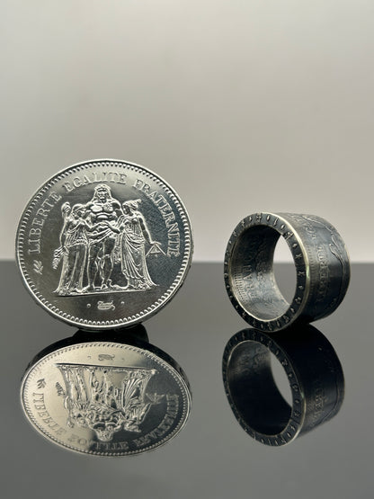 Bague pièce de monnaie 50 francs Hercule en argent massif Monnaia, bijou artisanal unique