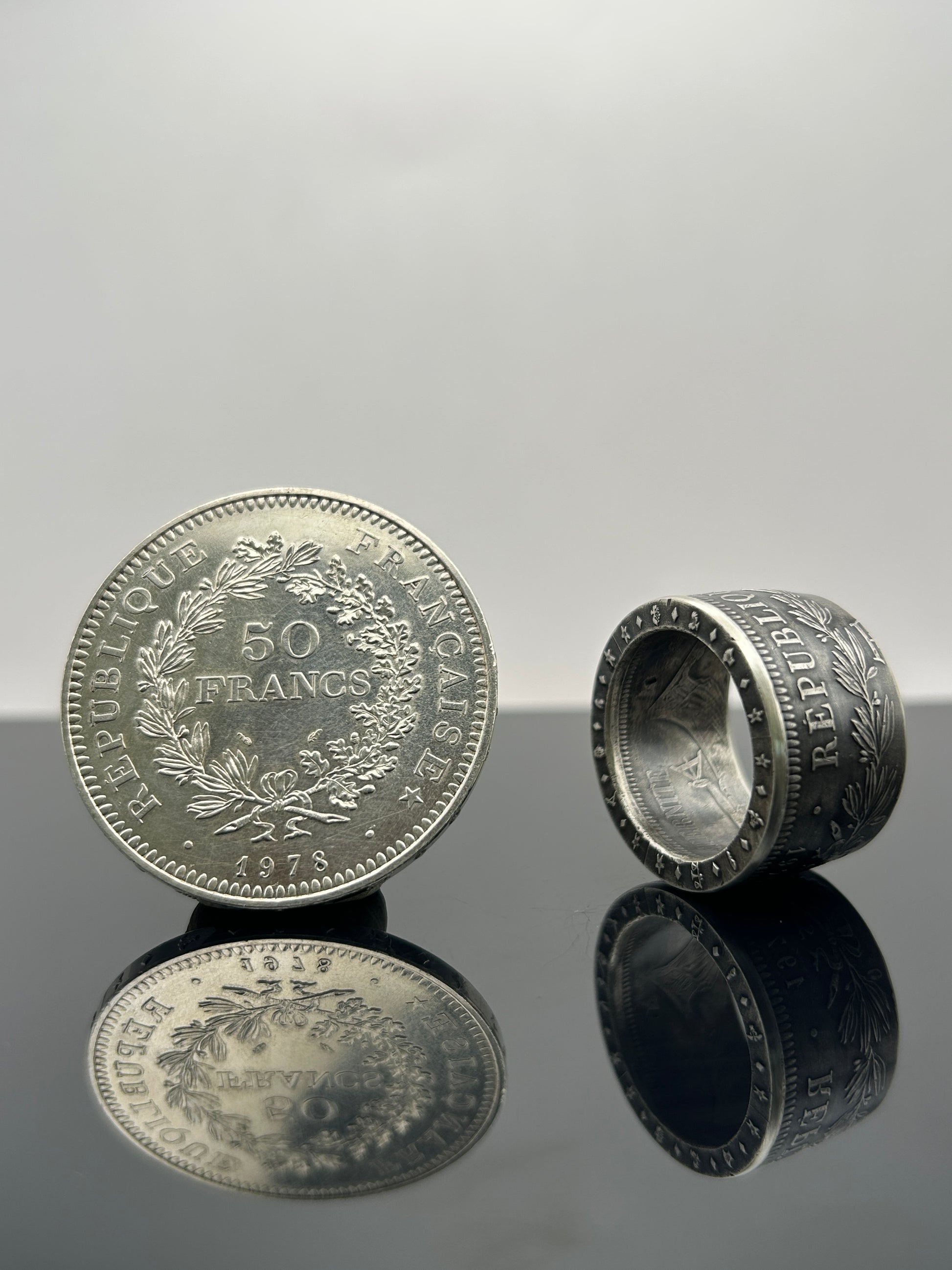 Bague pièce de monnaie 50 francs République Française en argent massif Monnaia