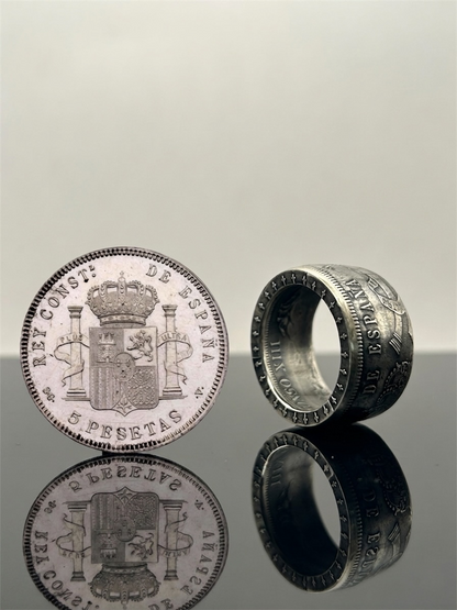 Bague pièce de monnaie 5 Pesetas Alfonso XIII en argent massif