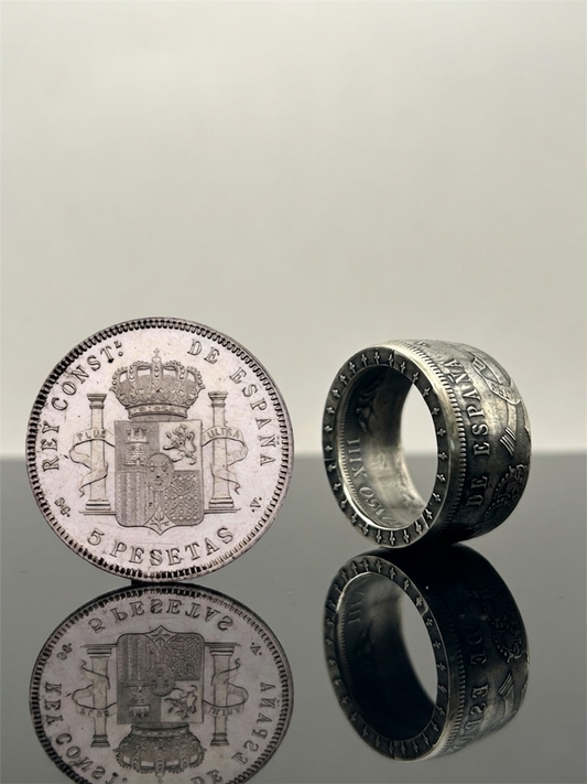 Bague pièce de monnaie 5 Pesetas Alfonso XIII en argent massif