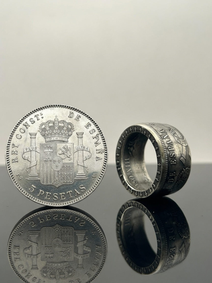 Bague pièce de monnaie 5 Pesetas Alfonso XIII en argent massif MONNAIA
