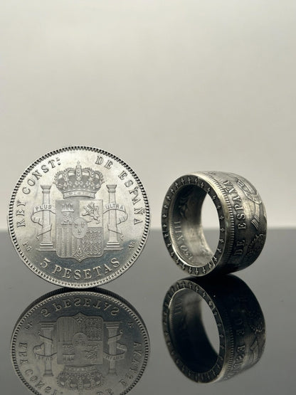 Bague pièce de monnaie 5 Pesetas Alfonso XIII en argent massif MONNAIA