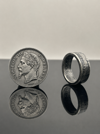 Bague pièce de monnaie 2 francs Napoléon III en argent massif MONNAIA